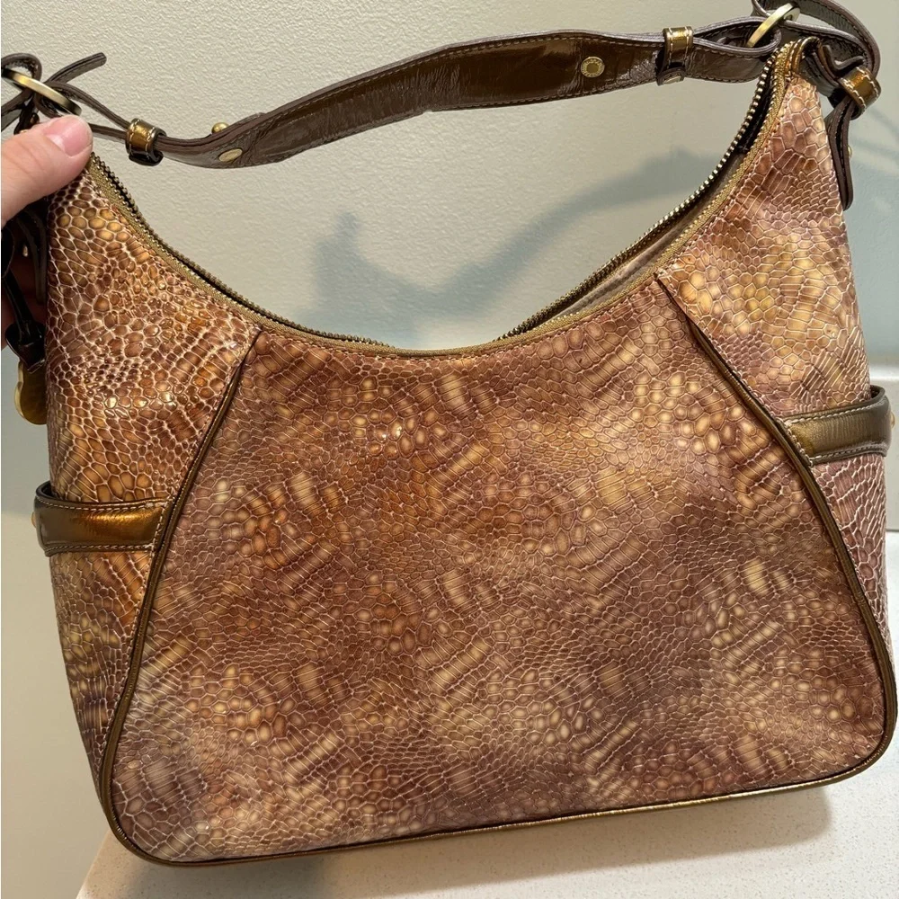 Brahmin Croc Embossed Hobo Shoulder Bag Vintage Y2K Brown Gold Accents